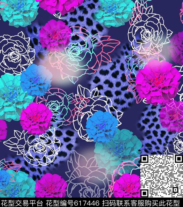 花卉与动物纹结合。性感美妙数码印花华亿平台下载（图片编号: 617446） - 瓦栏（Walan）