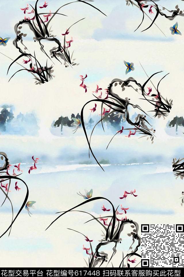 水墨花卉女装数码印花华亿平台下载（图片编号: 617448） - 瓦栏（Walan）