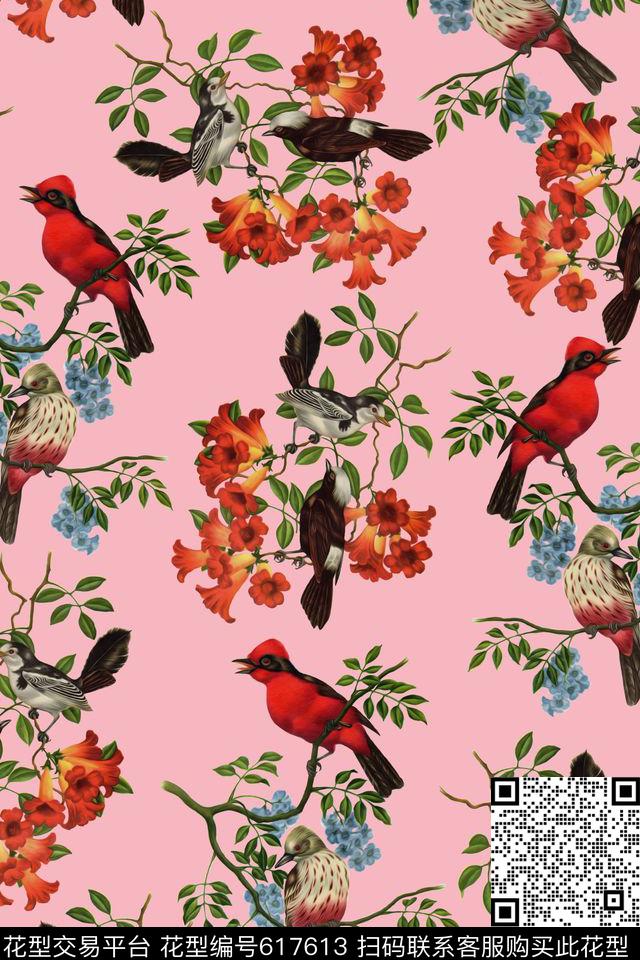 水彩花鸟。花卉服装数码印花华亿平台下载（图片编号: 617613） - 瓦栏（Walan）