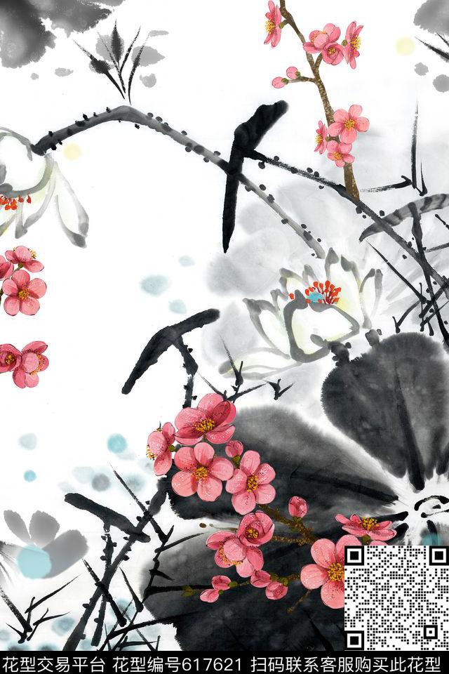 中国风桃花荷花数码印花华亿平台下载（图片编号: 617621） - 瓦栏（Walan）