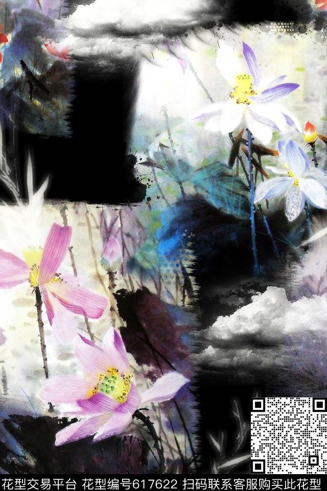 中国风荷花花卉印花华亿平台下载（图片编号: 617622） - 瓦栏（Walan）