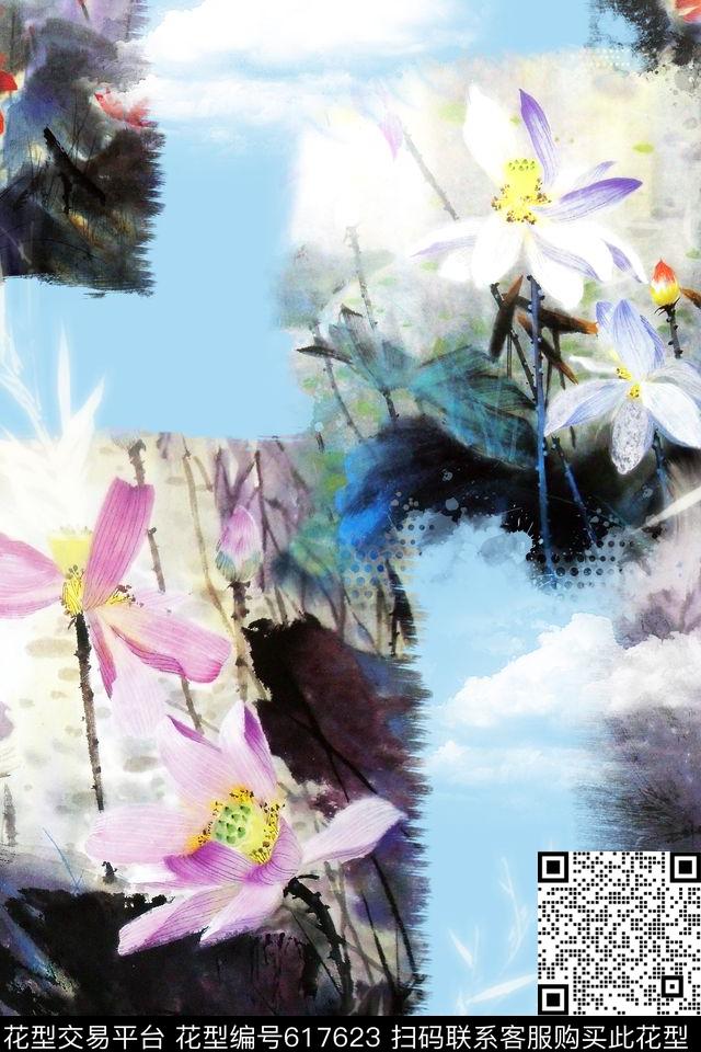 中国风荷花花卉印花华亿平台下载（图片编号: 617623） - 瓦栏（Walan）