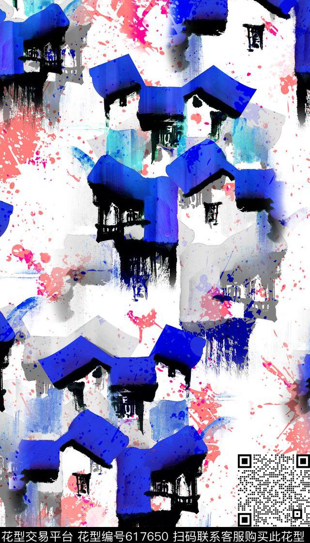 中国风抽象建筑、喷溅元素、水墨数码印花华亿平台下载（图片编号: 617650） - 瓦栏（Walan）