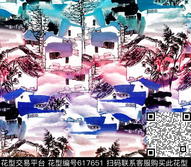 中国风建筑、水墨、渐变色叠加数码印花华亿平台下载（图片编号: 617651） - 瓦栏（Walan）