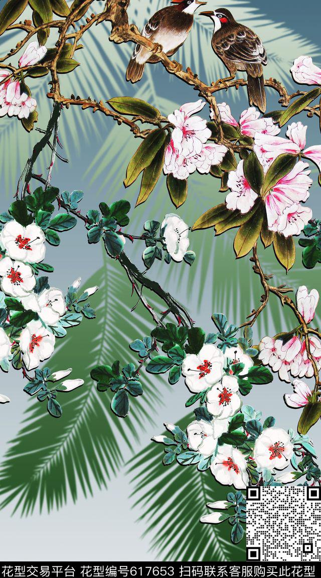 中国风、工笔画花鸟、树叶剪影、数码印花华亿平台下载（图片编号: 617653） - 瓦栏（Walan）