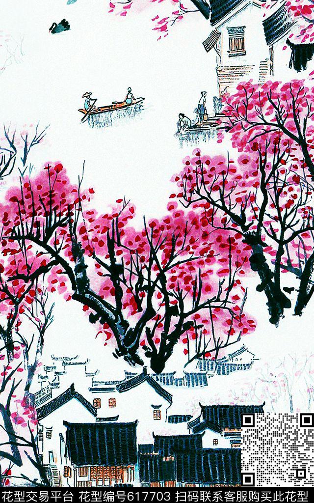 中国风江南水乡古村数码印花华亿平台下载（图片编号: 617703） - 瓦栏（Walan）