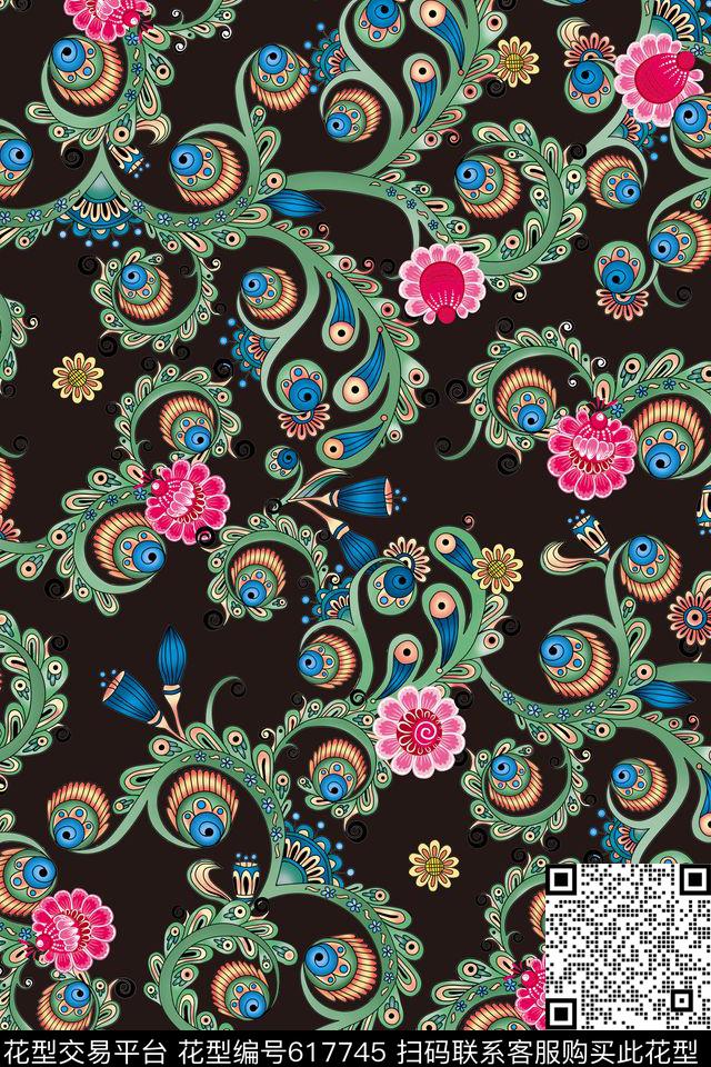 凤尾中国元素抽象数码印花华亿平台下载（图片编号: 617745） - 瓦栏（Walan）