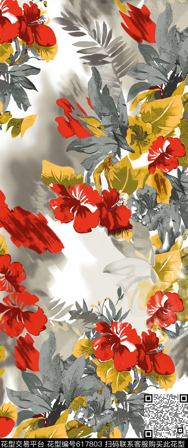 平铺花卉花朵树枝树枝连接数码印花华亿平台下载（图片编号: 617803） - 瓦栏（Walan）
