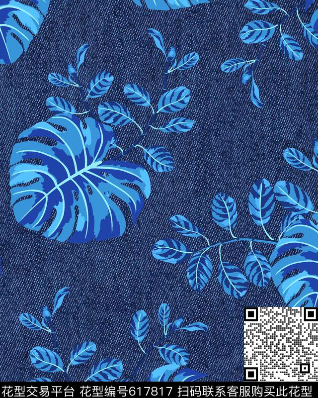 牛仔叶子时尚数码印花华亿平台下载（图片编号: 617817） - 瓦栏（Walan）