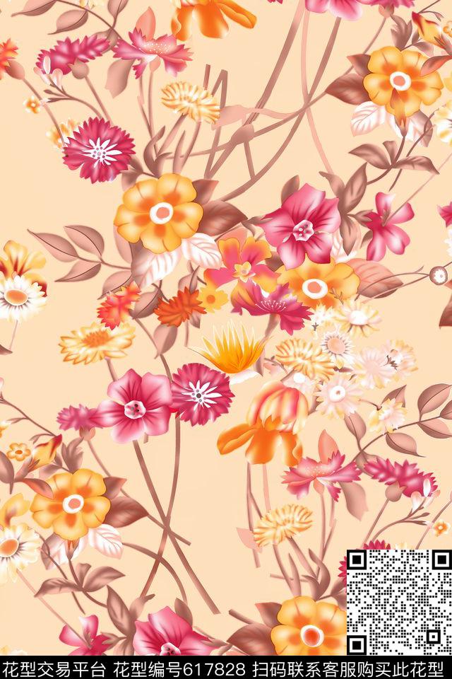 牡丹玫瑰小碎花数码印花华亿平台下载（图片编号: 617828） - 瓦栏（Walan）