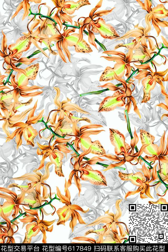 时尚水彩花卉数码印花华亿平台下载（图片编号: 617849） - 瓦栏（Walan）