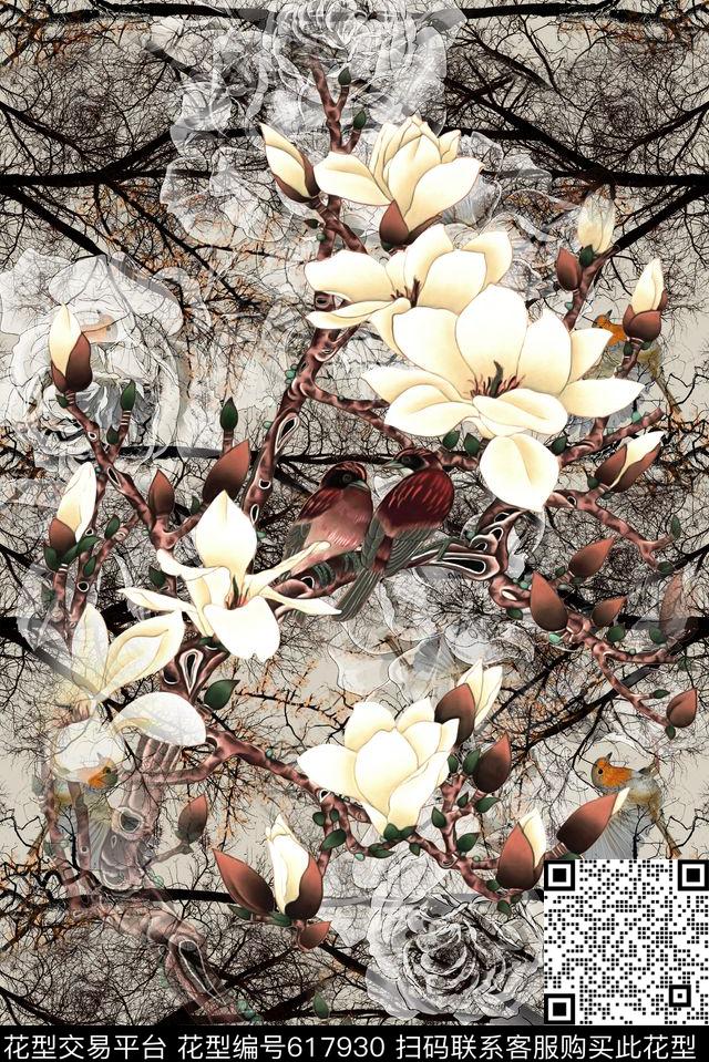 面料花国画山水花鸟花鸟数码印花华亿平台下载（图片编号: 617930） - 瓦栏（Walan）