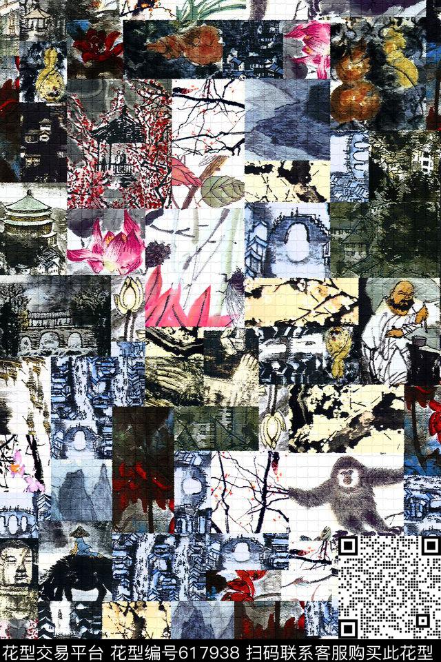 国画拼接风景绘画数码印花华亿平台下载（图片编号: 617938） - 瓦栏（Walan）