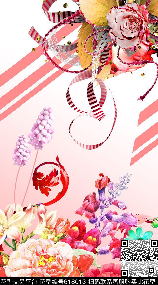 花朵花卉条纹、卷草纹数码印花华亿平台下载（图片编号: 618013） - 瓦栏（Walan）