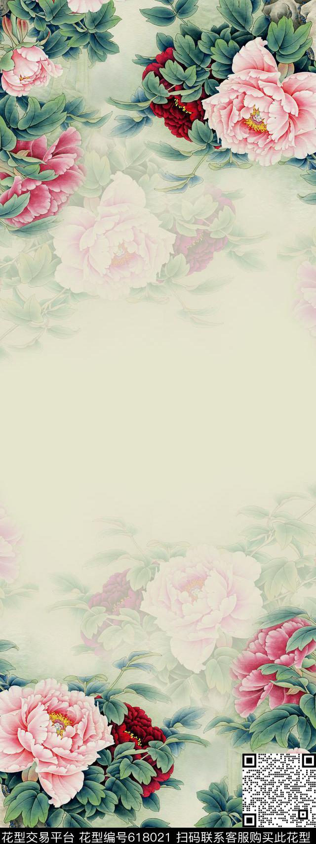 旗袍。双边定位牡丹中国风数码印花华亿平台下载（图片编号: 618021） - 瓦栏（Walan）