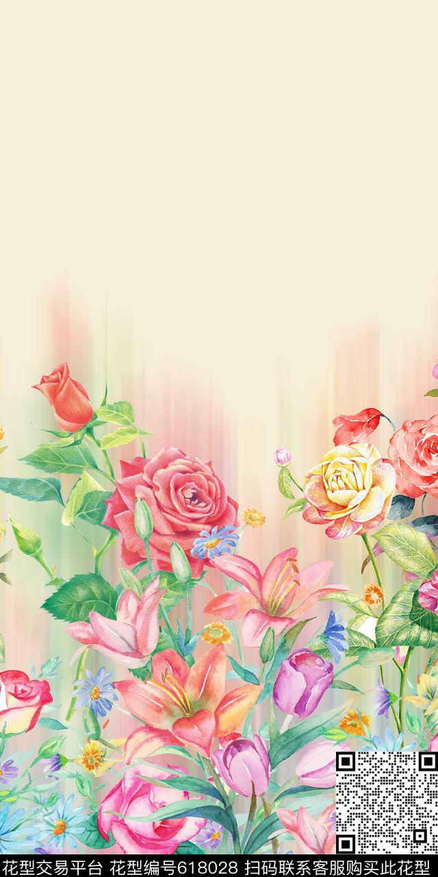 时尚手绘水彩女装花卉印花抽象渐变纹理印花清爽艳丽时尚风格数码印花华亿平台下载（图片编号: 618028） - 瓦栏（Walan）