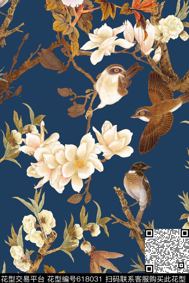 花鸟国画民族风数码印花华亿平台下载（图片编号: 618031） - 瓦栏（Walan）