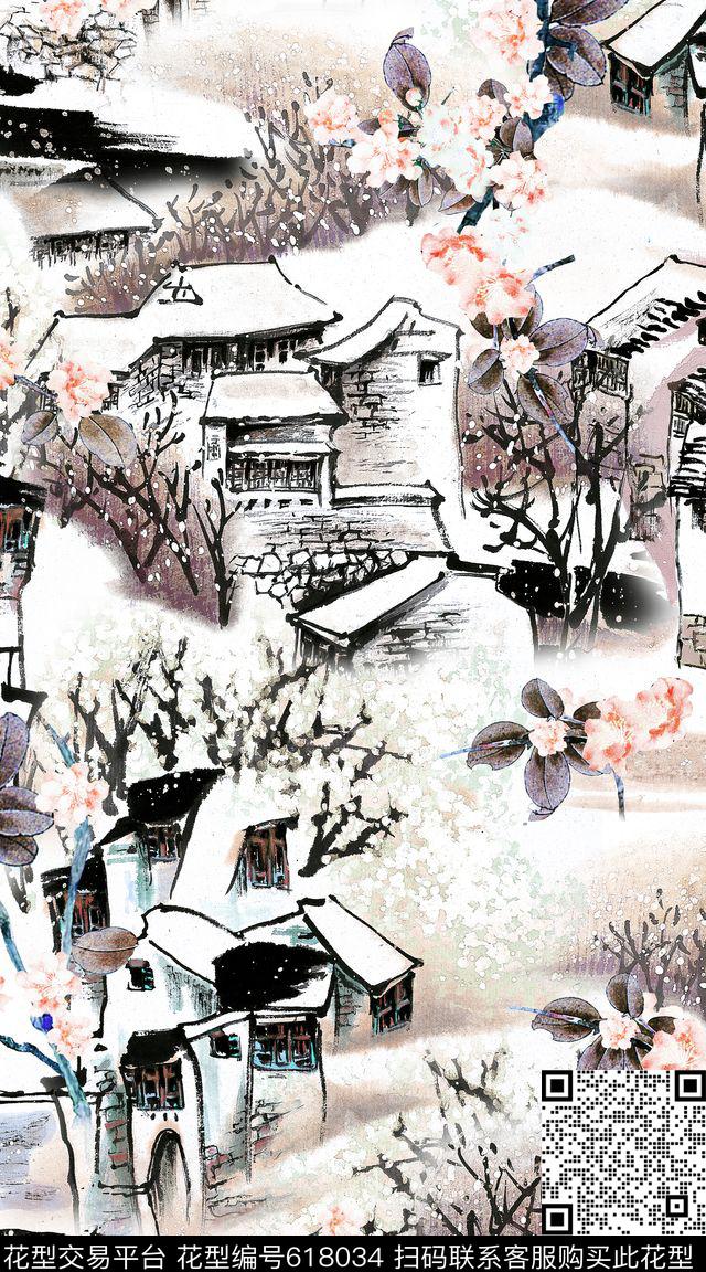 中国风风景古镇数码印花华亿平台下载（图片编号: 618034） - 瓦栏（Walan）