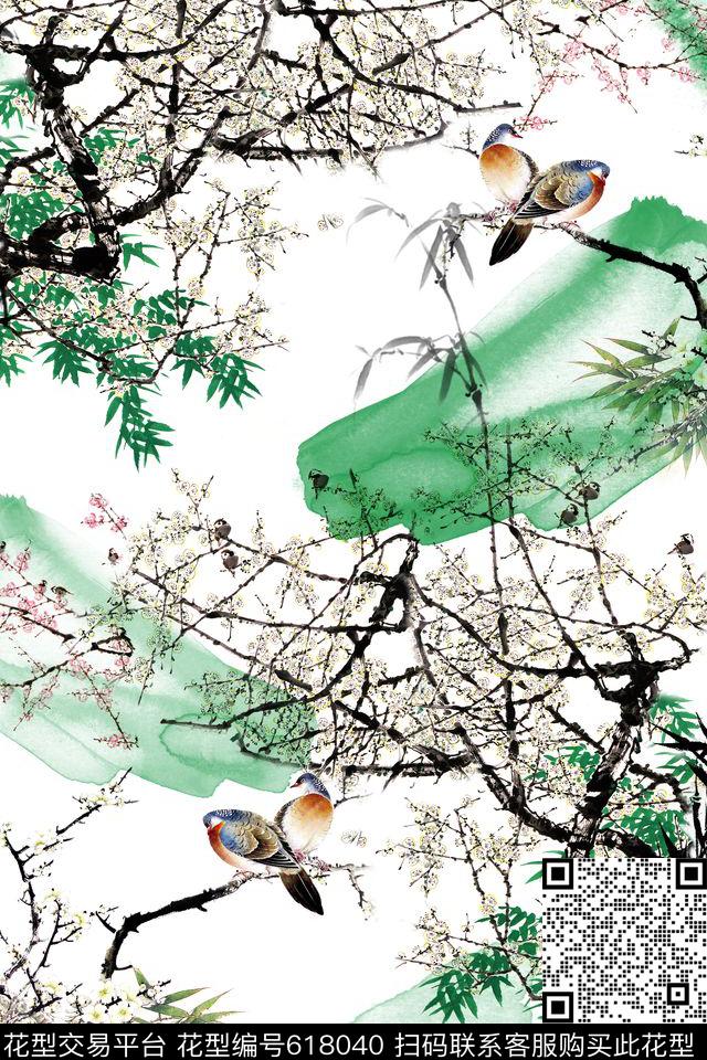 中国风笔触水墨肌理数码印花华亿平台下载（图片编号: 618040） - 瓦栏（Walan）