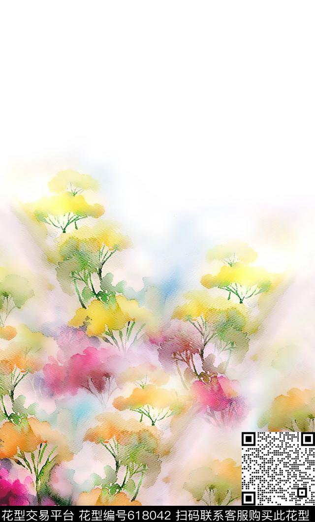 双边定位手绘花卉。清爽。长裙。围巾华亿平台数码印花华亿平台下载（图片编号: 618042） - 瓦栏（Walan）