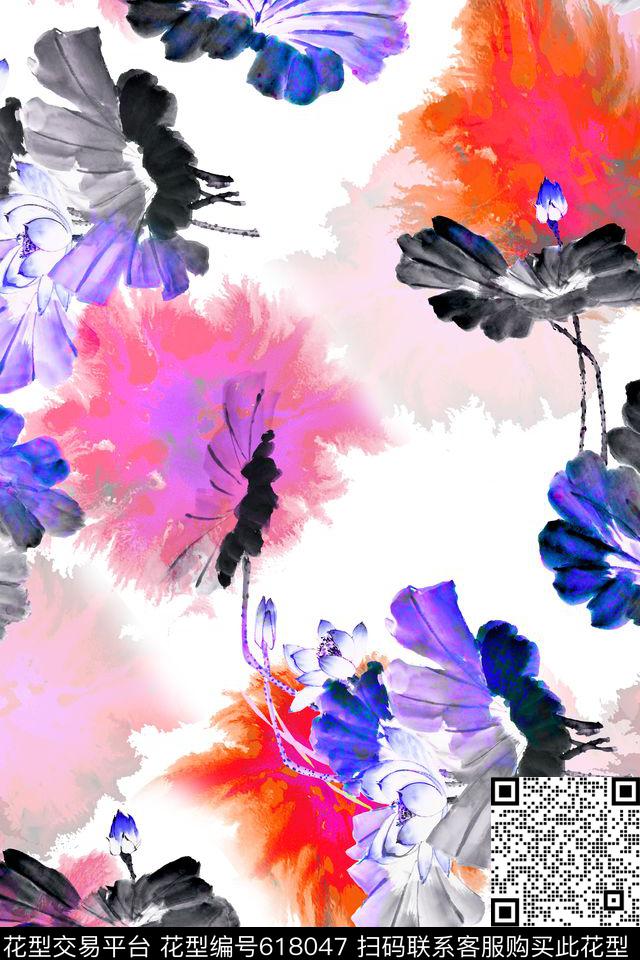 中国风水墨荷花数码印花华亿平台下载（图片编号: 618047） - 瓦栏（Walan）