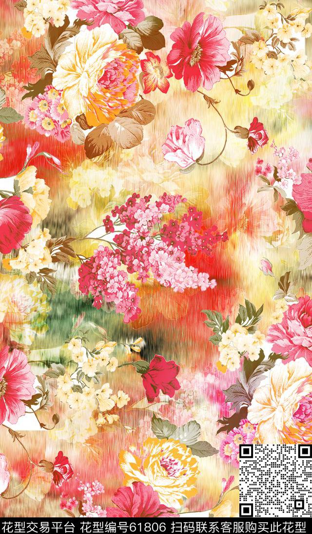 手绘花卉暖色调田园风数码印花华亿平台下载（图片编号: 61806） - 瓦栏（Walan）