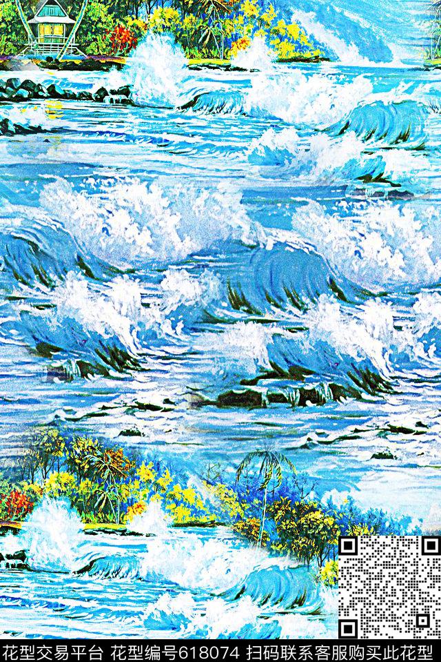 海洋油画风景数码印花华亿平台下载（图片编号: 618074） - 瓦栏（Walan）