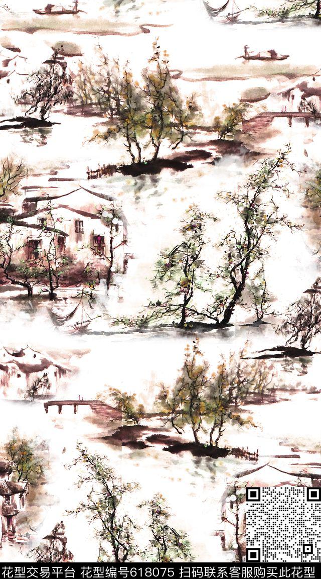 国画古镇山水画数码印花华亿平台下载（图片编号: 618075） - 瓦栏（Walan）