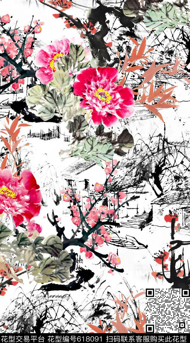 山水画中国风民族风数码印花华亿平台下载（图片编号: 618091） - 瓦栏（Walan）