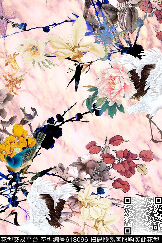 中国风淡雅花鸟数码印花华亿平台下载（图片编号: 618096） - 瓦栏（Walan）