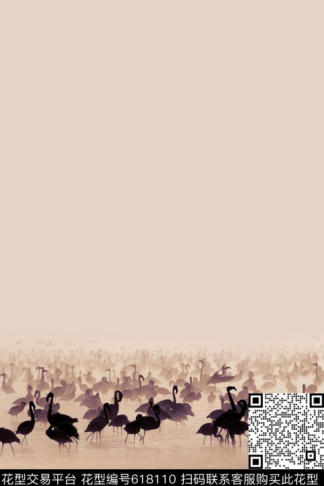 旗袍双边定位鹤数码印花华亿平台下载（图片编号: 618110） - 瓦栏（Walan）