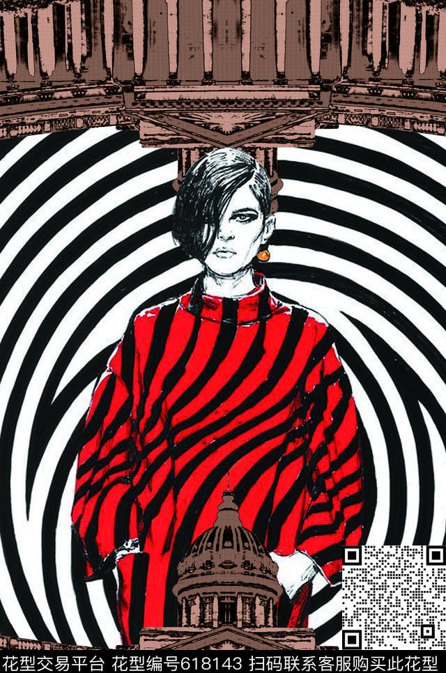 复古建筑大气线条女人数码印花华亿平台下载（图片编号: 618143） - 瓦栏（Walan）