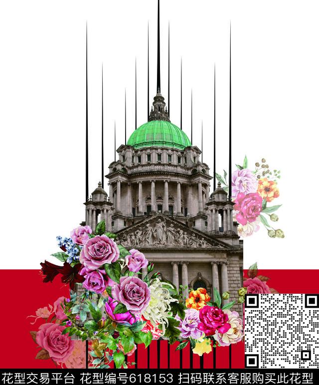 建筑线条花朵定位蝙蝠袖女装数码印花华亿平台下载（图片编号: 618153） - 瓦栏（Walan）