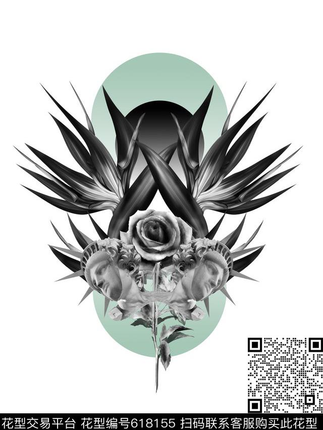 另类原创花天堂鸟玫瑰雕塑渐变绿数码印花华亿平台下载（图片编号: 618155） - 瓦栏（Walan）