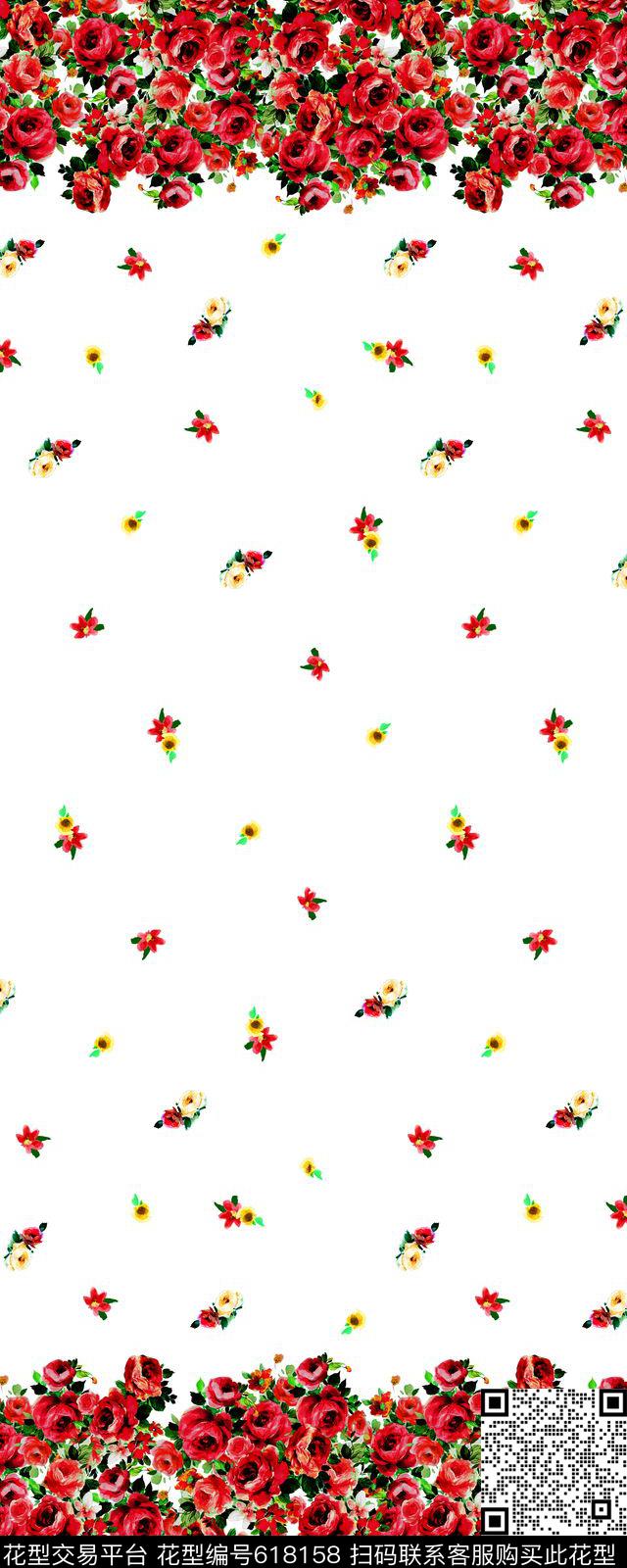 双边定位玫瑰花丝巾数码印花华亿平台下载（图片编号: 618158） - 瓦栏（Walan）