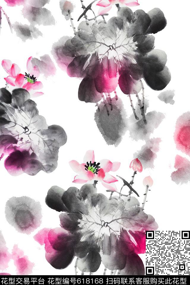 中国风荷花水墨数码印花华亿平台下载（图片编号: 618168） - 瓦栏（Walan）