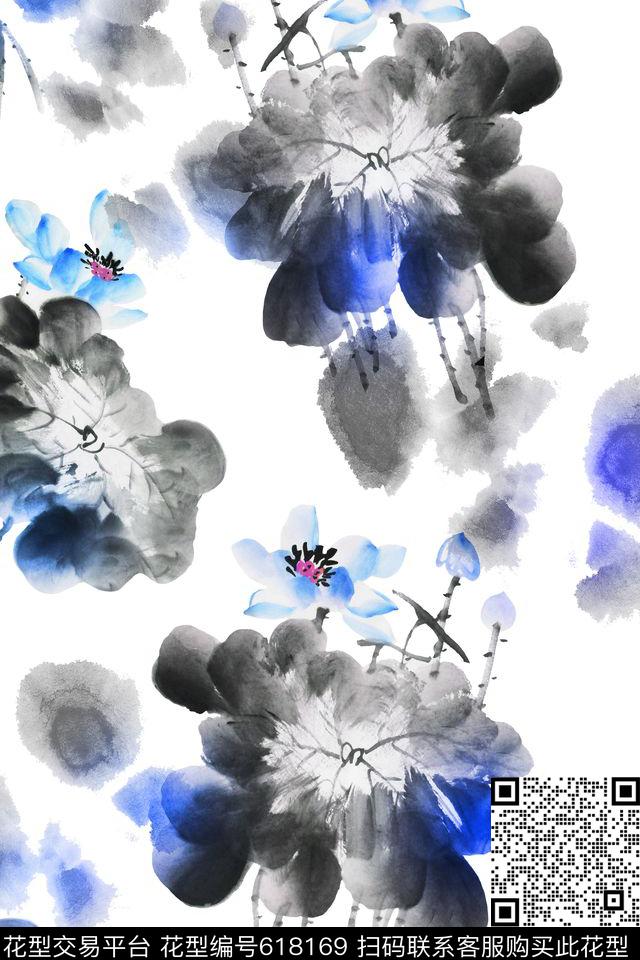 中国风荷花水墨数码印花华亿平台下载（图片编号: 618169） - 瓦栏（Walan）