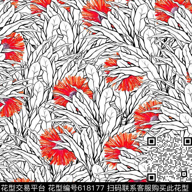 芭蕉叶雏菊向日葵数码印花华亿平台下载（图片编号: 618177） - 瓦栏（Walan）