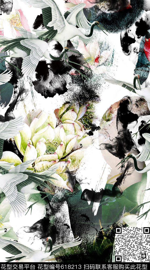 荷花水墨中国风数码印花华亿平台下载（图片编号: 618213） - 瓦栏（Walan）