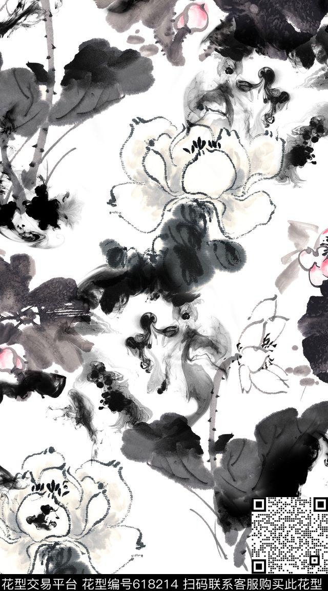荷花水墨中国风数码印花华亿平台下载（图片编号: 618214） - 瓦栏（Walan）