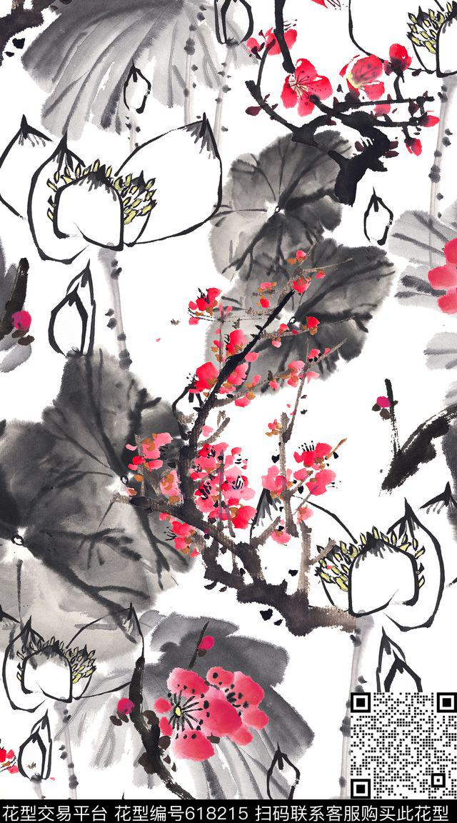 荷花国画中国风数码印花华亿平台下载（图片编号: 618215） - 瓦栏（Walan）