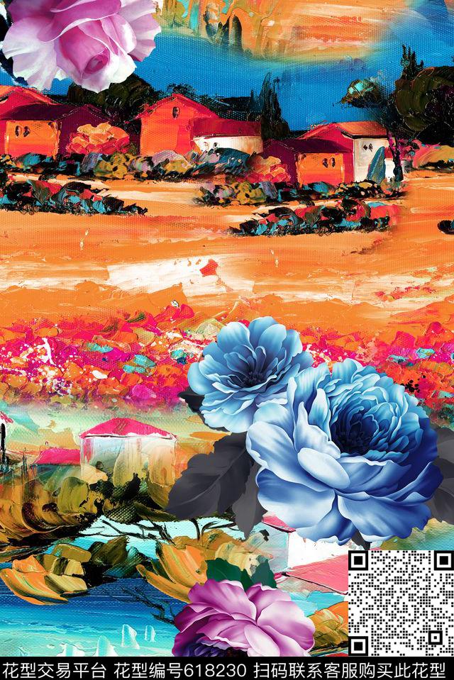 抽象油画风景数码印花华亿平台下载（图片编号: 618230） - 瓦栏（Walan）