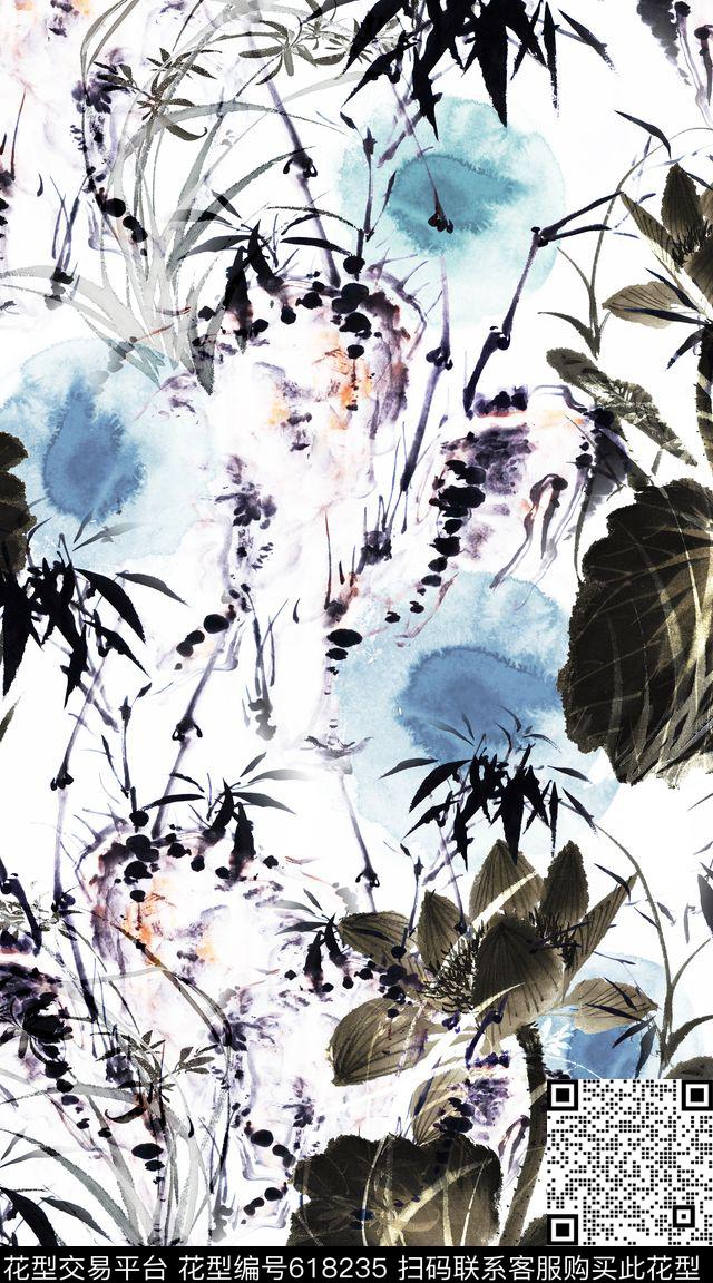 水墨中国风荷花数码印花华亿平台下载（图片编号: 618235） - 瓦栏（Walan）