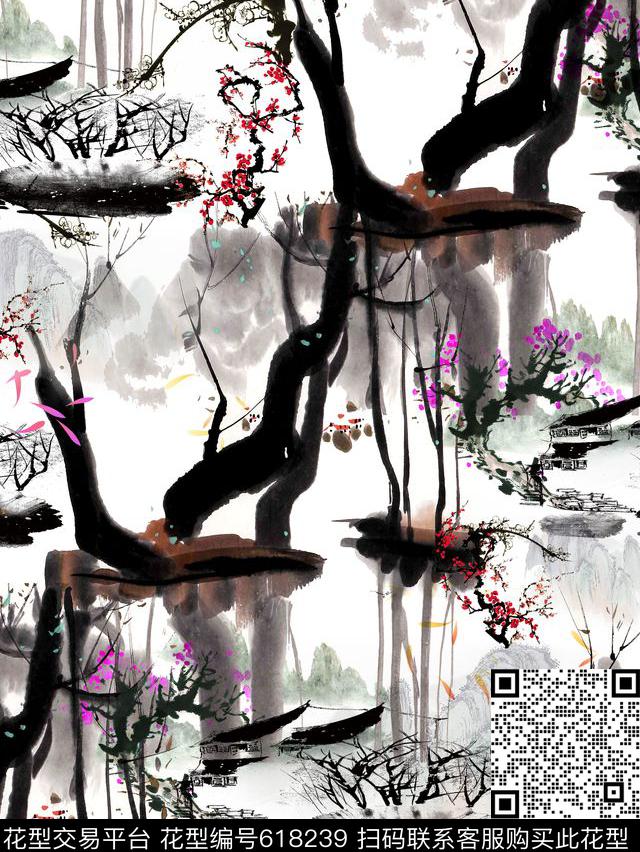 山水画民族风中国风数码印花华亿平台下载（图片编号: 618239） - 瓦栏（Walan）