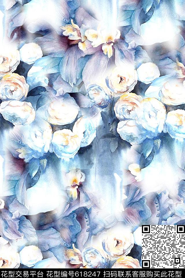 时尚手绘水彩画玫瑰花花卉时尚潮流大牌女装裙子印花时尚大牌中国风花卉印花数码印花华亿平台下载（图片编号: 618247） - 瓦栏（Walan）