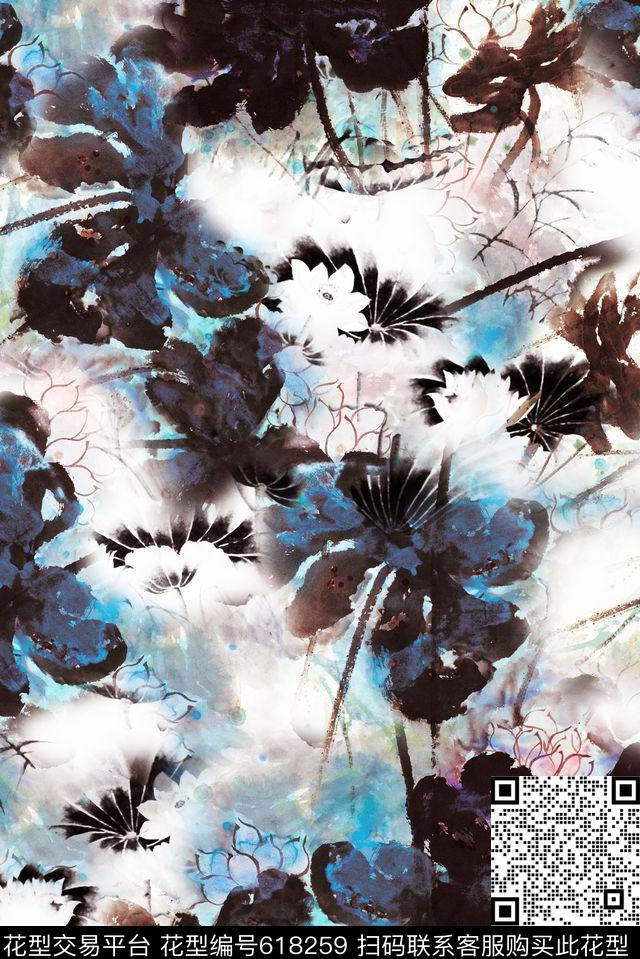 中国风荷花花卉数码印花华亿平台下载（图片编号: 618259） - 瓦栏（Walan）