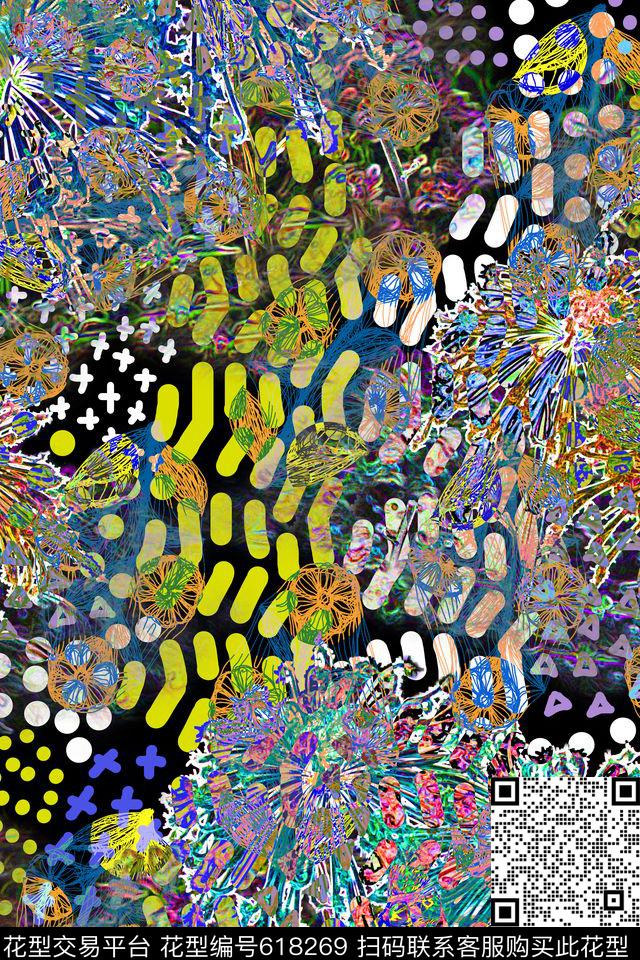 潮流时尚花卉符号数码印花华亿平台下载（图片编号: 618269） - 瓦栏（Walan）