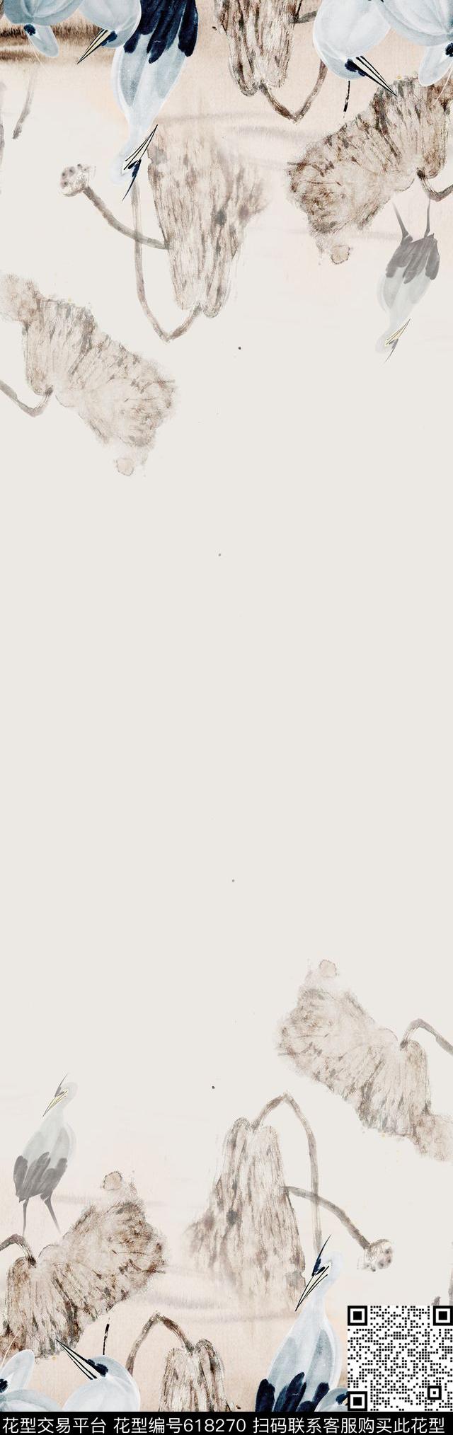 双边定位中国风水墨。围巾华亿平台数码印花华亿平台下载（图片编号: 618270） - 瓦栏（Walan）