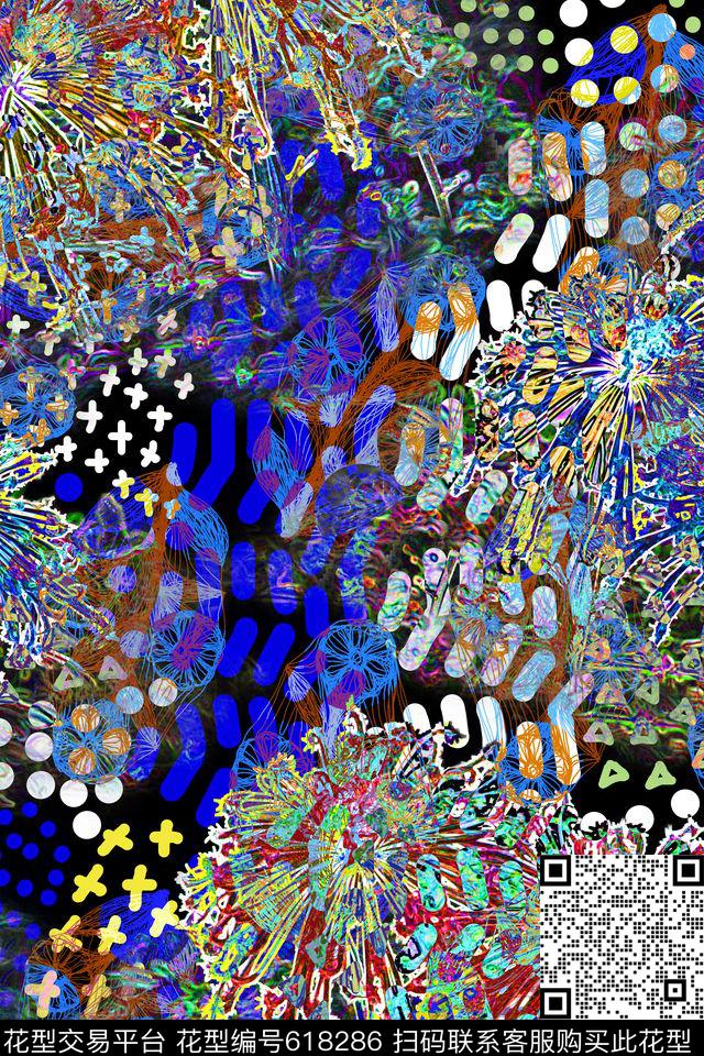 潮流时尚花卉符号数码印花华亿平台下载（图片编号: 618286） - 瓦栏（Walan）