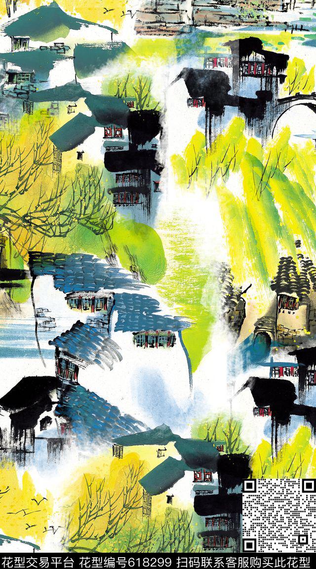 山水画民族风中国风数码印花华亿平台下载（图片编号: 618299） - 瓦栏（Walan）